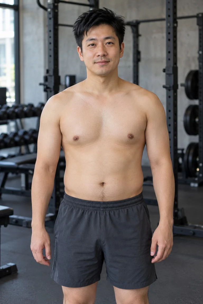 Fictional adult man, shirtless in a gym, exaggerated Bodybuilder muscle photo edit before