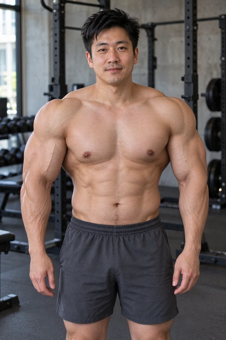 Fictional adult man, shirtless in a gym, exaggerated Bodybuilder muscle photo edit after