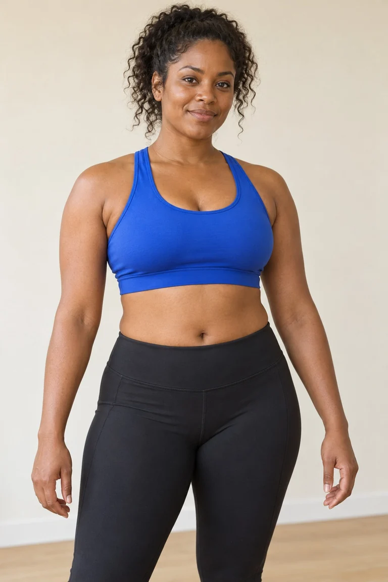 Fictional adult woman in a blue sports top in a studio, exaggerated Bodybuilder edit before